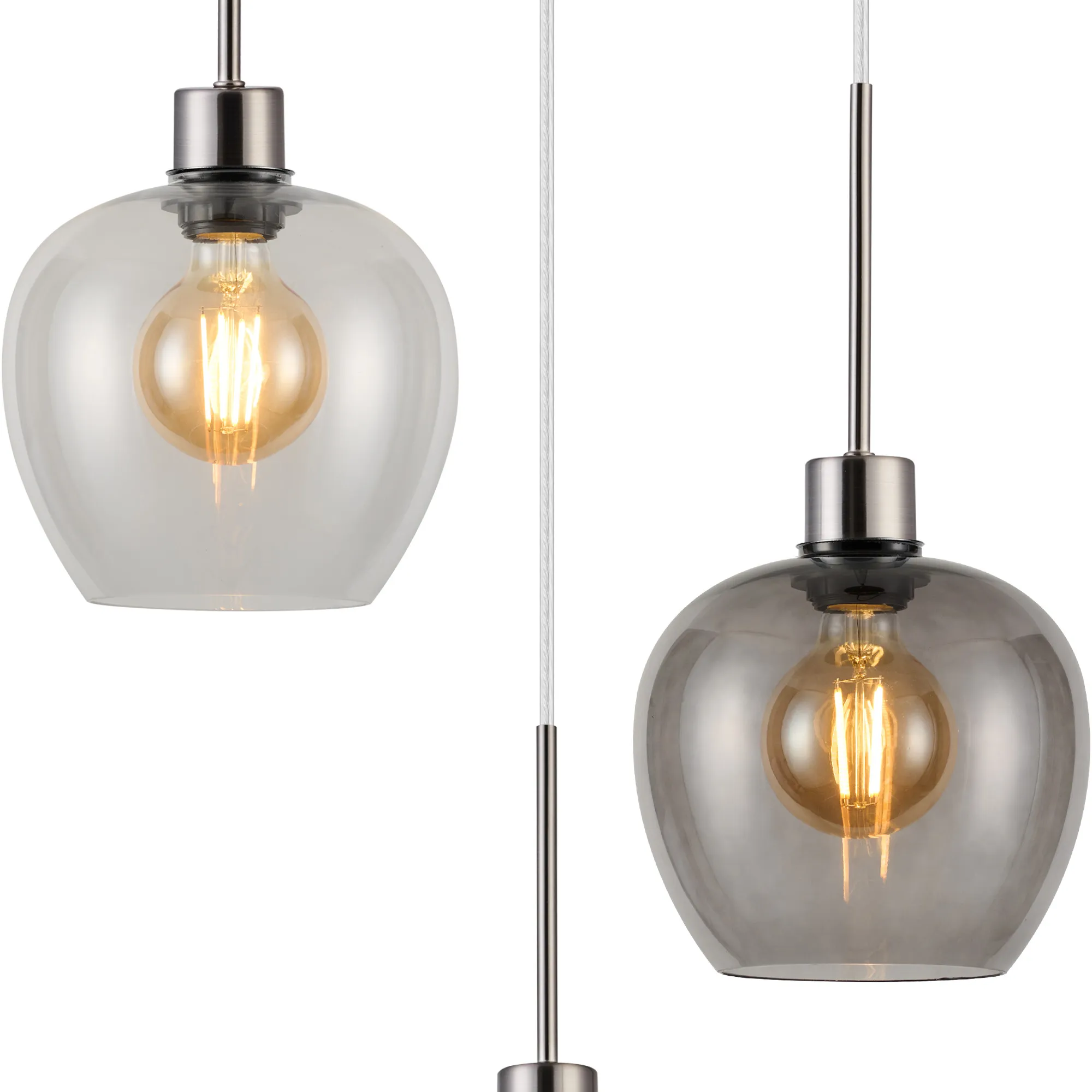 Lori 40cm Round Pendant, 3 Light Adjustable E27, Satin Nickel/Clear/Smoke Wine Shades DK1372  Deco Lori Satin Nickel